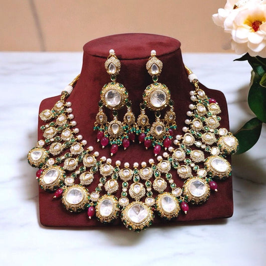 Maroon & Green Color Kundan Necklace Set