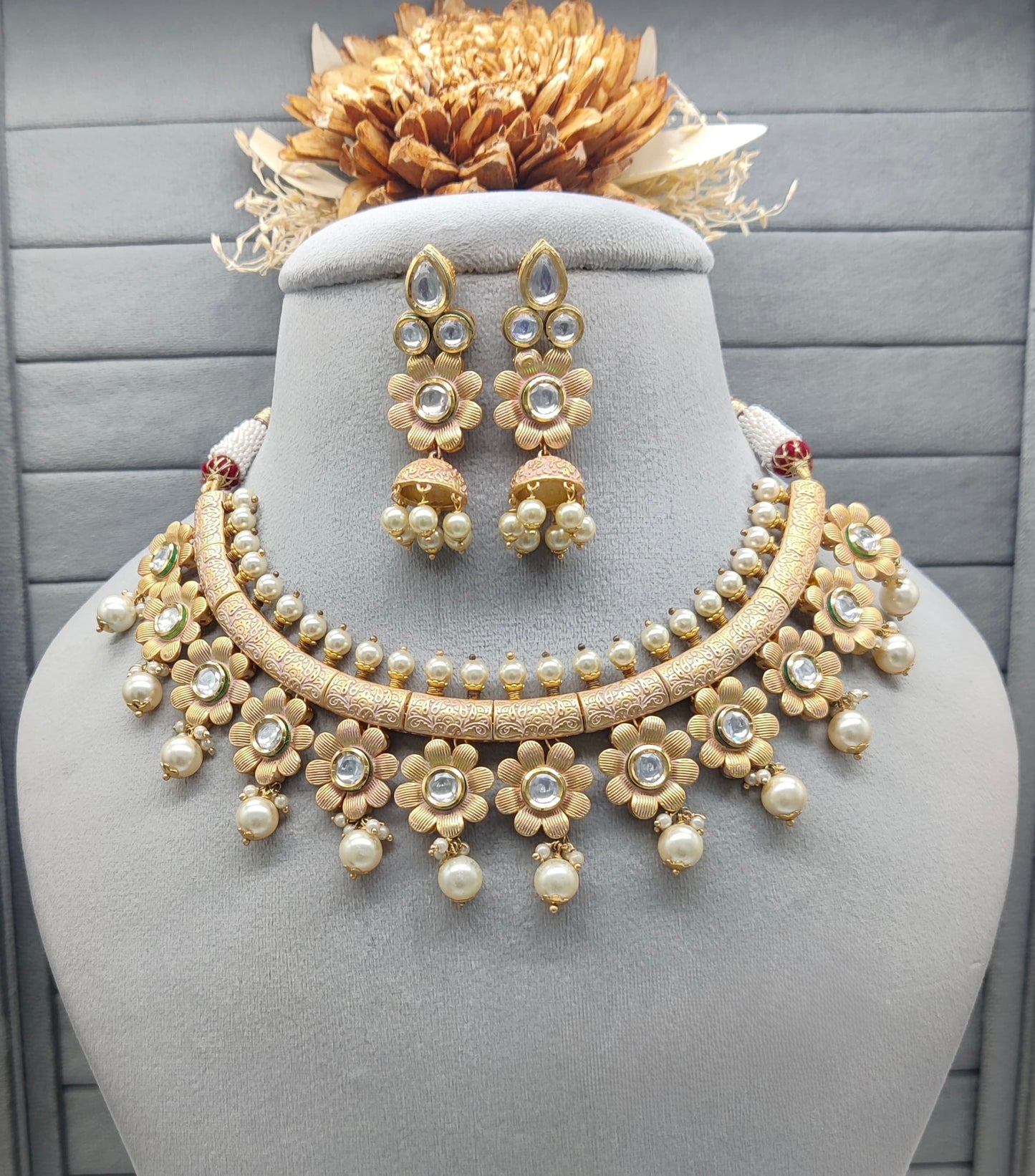 pink meenakari necklace with earrings