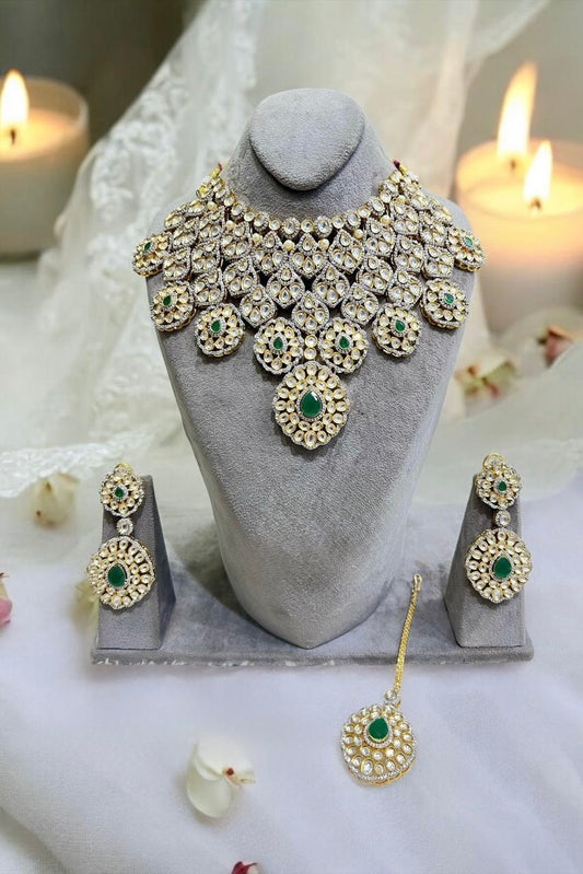 Moissanite Kundan choker with earrings and tika