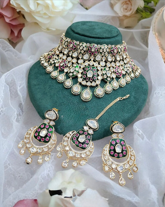 Moissanite Kundan and meena work set with earrings and tika