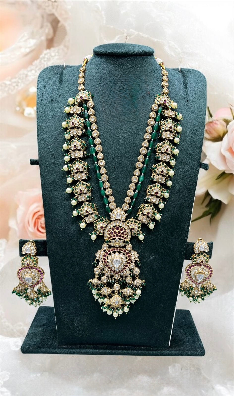 moissanite kundan long set with earrings