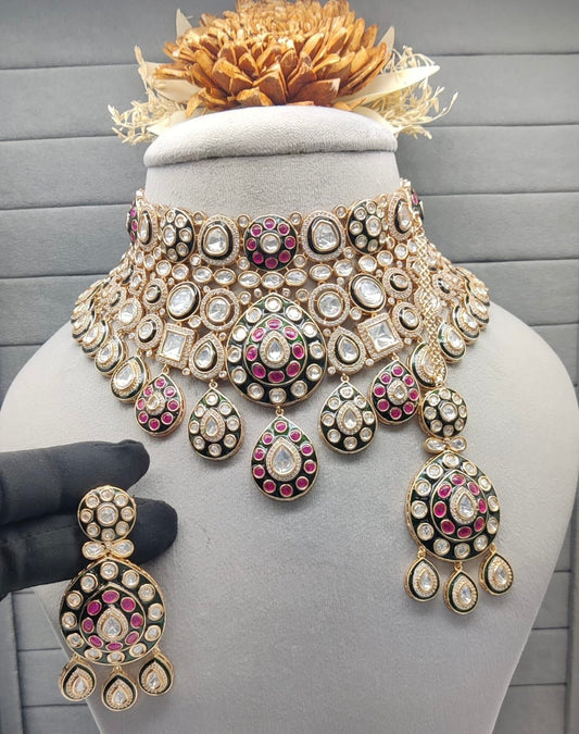 Kundan choker with earrings and tika