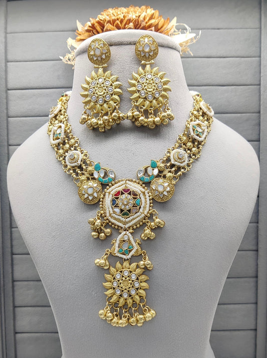 Kundan Long Necklace Set with Mint Drops