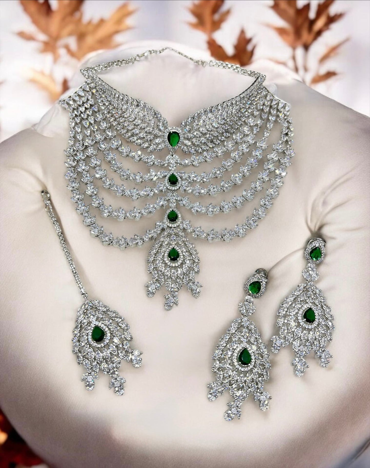 ad necklaces in silver polish with earrings and tika - aanyaroop