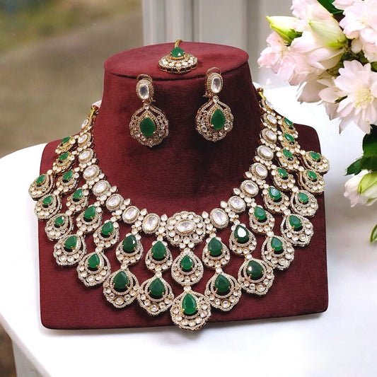 Emerald and Diamond Necklace with earrings and tika - Aanyaroop