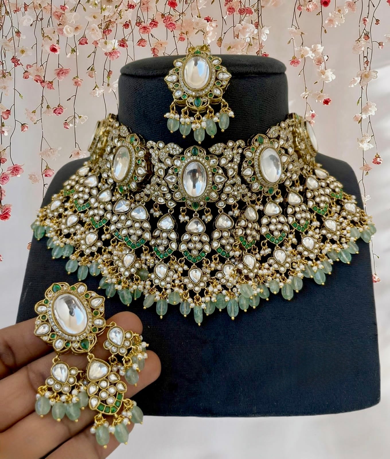 fine polki moissanite necklace with earrings & tika - aanyaroop